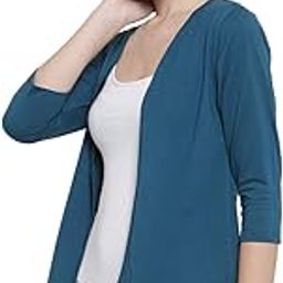 Women's 3/4th Sleeves Open Plain Shrug(Teal)-picture-1