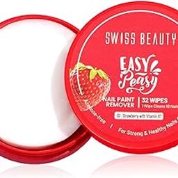 Swiss Beauty Easy-Peasy Nail Polish Remover Wipes | Acetone-Free | 32 Wipes | Hydrating | Travel-Friendly | Shade- 3- Strawberry With Vitamin B7 | 32pcs-28