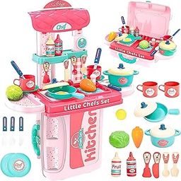 Storio Kitchen Set Toys for Girls with Cooking Utensils, Little Chef Realistic Miniature Pretend Role Play Food Party for Boys Girls, Pink, for Toddler,Kid-16