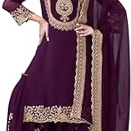 Women's Faux Georgette Ensemble with Embroidery & Sequence Work Kurti with Sharara and Dupatta Set-image-53