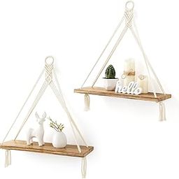 Mkono Macrame Hanging Shelves Boho Wall Decor Set of 2 Rustic Wood Floating Storage Shelf for Bedroom Bathroom Living Room Nursery Dorm Room, Display Shelving for Hanging Plants Photos-picture-16