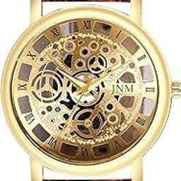 Men's Skeleton Dial Watch, Gold-Tone Case, Brown Leather Strap, Roman Numerals-picture-55