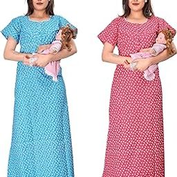 Cotton Feeding Nighty Combo in Mix Cotton with 2 Side Zips for Baby Feeding Purpose & Neck Buttons for Comfortable Wearing. Baby Feeding, Maternity Nighty Combo, Feeding Nighty Combo Pack of 2-13