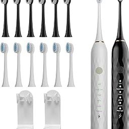 Electric Toothbrush 2 Pack - Electric Toothbrush for Adults with 10 Replacement Brush Heads, 2 Toothbrush Holders, 6 Modes, Smart Timer, 2 Hours Charge for 60 Days (Black & White)…-picture-27