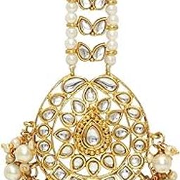 peora Gold Plated White Kundan Pearl Maang Tikka Matha Patti for Women-picture-34