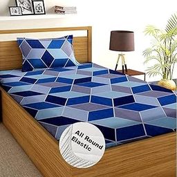 Luxury Trends Premium Cotton Feel Elastic Fitted Bedsheets with 1 Pillow Covers | Single Coat Bed with All Around Elastic 180 TC Supersoft | Size - 72 x 36 +6 inches | Light Grey & Blue-image-18
