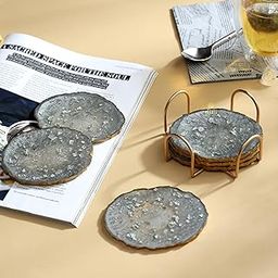 DULI Resin Coasters Set of 6 with Stand - Bar Wine Coasters for Table - Set of 6 Classy Yet Stylist Handmade Marble Stone Coaster Set with Holder (ResinCoasterW/G-Stand: GreyW/SilverFlake)-image-11
