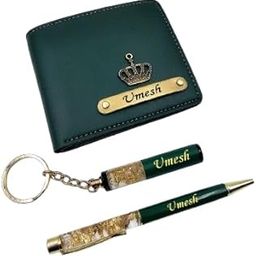 Personalised Wallet, Keychain & Pen Gift Combo for Men | Customizable Name Engraving Corporate Gifting Set | Slim, Stylish & Elegant Leather Wallet Combo - Green-image-39