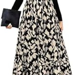 Women's Long Sleeve Maxi Dress, Black Ribbed Top with Floral Print Dress, A-Line Swing Style-image-2