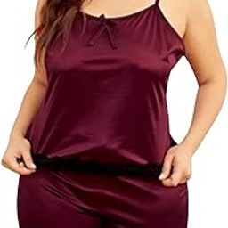 Satin Camisole and Shorts Pajama Set,with Lace Trim, Adjustable Straps Burgundy-image-9