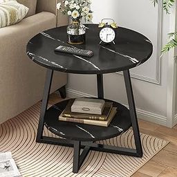 Al Hama Coffee Table 2 Tier Round Tea Marble Pattern Table Modern Side Tables Sofa Table with Metal Frame Light End Tables for Living Room-Black-22
