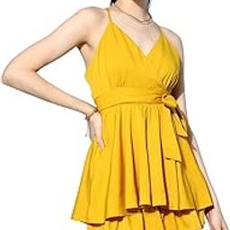 Women Solid V-Neck Waist Tie-Up Backless Smocked Layered Mini Playsuit-image-30