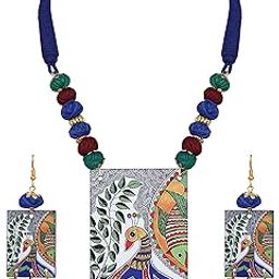 Jewellery for Less Beautiful Warli Painting Faces Pendant with Multi Color and Cotton Bead Adjustable Thread Handcraft Necklace and Dangler Earrings for Women and Girls. (Red, Sky Blue, Yellow)-image-23