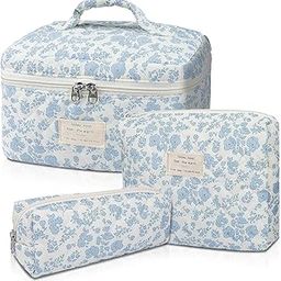 Lyrovo Makeup Organizer Cosmetic Bag Quilted Large Floral Make Up Organize Set for Women Flower Travel Toiletry Bag (Blue-White)-image-109