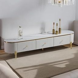 PAAM WOOD Mazzo White Marble TV Unit Console | 70"x15"x18" | Golden Legs & Charcoal Louvers | Storage Drawers | Modern TV Stand Console Unit White Marble Top with Gold Accents, Storage Drawers-image-17