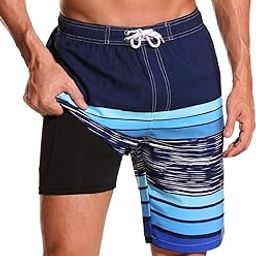 Mens Swim Trunks with Compression Liner 9" Beach Board Shorts Men 2 in 1 Quick Dry Bathing Suit with Pockets, Navy+blue, M-image-69
