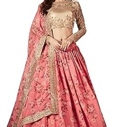 Women's Pink Floral Printed Organza Semi-Stitched Lehenga Choli with Dupatta(7027-Pink-New-Bridal-Lehenga_Pink_Free Size)-9