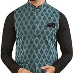 Men's Nehru Jacket, Coral Silk Blend, Woven Design Mandarin Collar Regular Fit Sleeveless-image-95