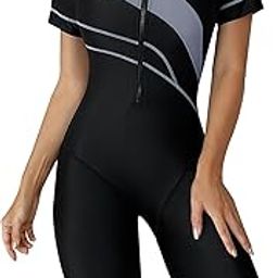 Women One Piece Short Sleeve Swimsuit Boyleg Rash Guard Covered Surfing Suit Zipper Bathing Suit with Built in Bra-image-12