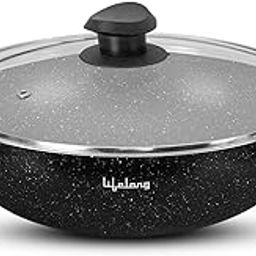 Lifelong Non-Stick Aluminium 2 litre Kadhai with Glass Lid, 24cm, Black/Grey (Induction and Gas Compatible)-image-77