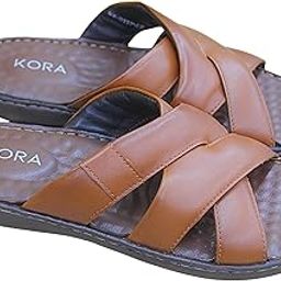 KORA Men's Genuine Leather Brown Cross-Strap Slippers-EV-2111-image-50