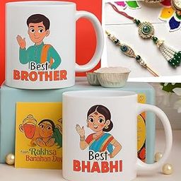 GoodleyIndia Rakhi for Brother and Bhabhi with Mug Gift Combo, Kundan Rakhee with Mug for Bhaiya in Law Rakhiyan Set of 2, King Bhaiya Queen Bhabhi Quote Printed Mug Rakshabandhan Rakhi with Gift-11