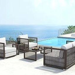 DEVOKO 5 Piece Conversation Outdoor Patio Furniture Set, Made in Rattan & Wicker with Cushion for Garden Deck Porch (Dark Brown and White)-image-34