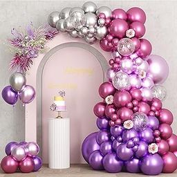 Flyloons 25 pcs Dark Pink Light Pink Purple Silver Metallic Chrome Balloons for Birthday Decoration items celebration Anniversary Girls Boys Men Women-image-77