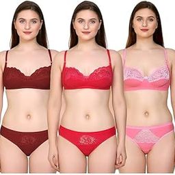 Women Cotton Half Net Non Padded Non Wired Low Coverage Bra & Panty Regular Lingerie Set Half Net, Combo Pack of 3-picture-15