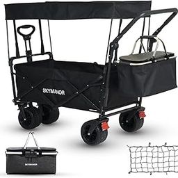SKYMANOR Collapsible Wagon with Removable Canopy, 3-in-1 Heavy Duty Garden Cart with Big All-Terrain Wheels, Brakes, Adjustable Push Pull Handle, Cooler Bag, 300LBS Wagon Cart for Camping (Black)-image-44