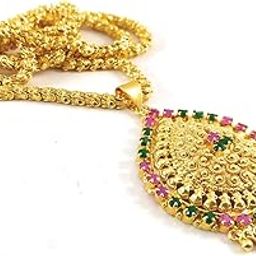 1 Gram Micro Gold Plated Fashion Jewellery South Indian Traditional Ruby Emerald Handcrafted Dollar Chain for Women & Girls (Gold)-image-90