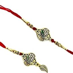 Traditional Bhaiya Bhabhi Rakhi Set with Decorative Pendant, Red Thread, Gold-Toned-88
