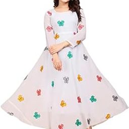 Women's Chanderi Cotton Regular Fit Full Length Butterfly Printed Beautiful Gown Dress with Elegant Design for Wedding, Parties, Traditional, Festivals, Family Functions (White)-picture-12