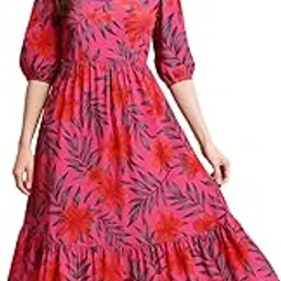 shasmi Girl's & Women's Chiffon Printed Midi Dress, Square Neck, Puff Sleeves, Navy Blue Floral Pattern, A-Line Summer Casual Dress| Elegant Casual Dress for Woman (Dress 232)-picture-37