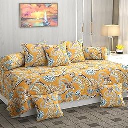 DHAANYA Super Soft Glace Cotton Autumn Fall Prints Diwan Set for Living Room, Diwan Set Covers Cotton, 8Pc- Flowery Maze Mustard-image-59