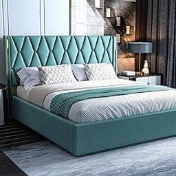 Acacia Modern Upholstered King Size Bed with Box Storage for Bedroom | Wooden Double Bed with Storage | Platform Cot Bed with Upholstery Premium Fabric | 6.5 x 6 Ft | Sheesham Solid Wood (Greendust)-image-50