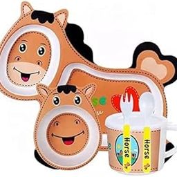 AASHRIT 5 Piece Mealtime Bamboo Dinnerware for Baby Kids-Toddler, Set of Plate-Bowl Cup and Spoon-Baby Feeding Utensils for Kid, Eco Friendly and Dishwasher Safe, Great Gift for Birthday (Horse)-image-93