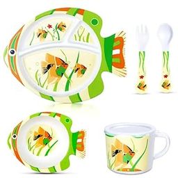 ARURA (LABEL) Eco-Friendly Bamboo Fiber Children Feeding Plate Cartoon Baby Tray Kids Tableware Bowl Dishes Food Container Baby Eating Plate Dinnerware Baby Divided Plate - Multicolor (Fish)-image-35
