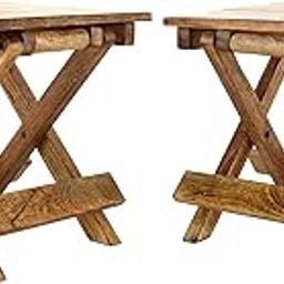Woodenclave Handcrafted Wooden Portable Folding Stool Table Camping Table for Travelling Picnic Lawn Outdoor - Brown, Set of 2-18