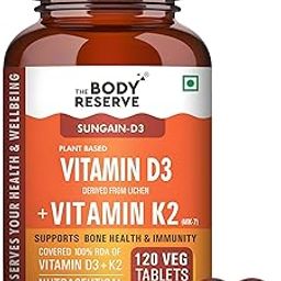 The Body Reserve Vitamin D3 K2 MK7-120 Veg Tablets, 100% RDA Plant-Based Vitamin D3 Supplement from Lichen Source with Vitamin K2 as MK7 Menaquinone-14