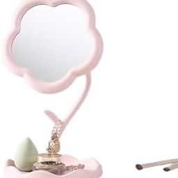 Flower-Shaped Vanity Mirror with Storage Tray, 29.5 x 16.5 cm, Pink and White, LED Makeup Mirror-26