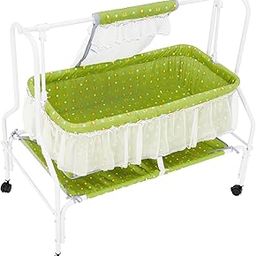 Amazon Brand - Supples Baby Cradle with Swing & Mosquito Net | for 0-8 Months Baby | Four Wheels with Brakes | Swing Lock & Storage | Sturdy & Safe | Green-28