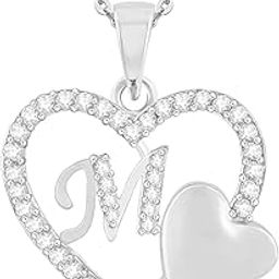 Love Heart Pendent "M" Letter Silver Gold Plated for Girls Women Men Unisex Couple Alphabet Pendant in American Diamond Jewellery Set alphabet Cubic Zirconia Brass Chain Pendant-image-17