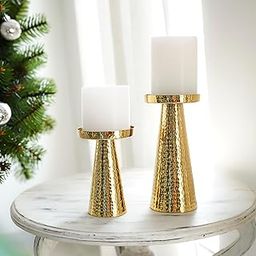 Behoma Handcrafted Hammered Large Metal Pillar Candle Holder | Table Centerpieces Coffee Tables or Fireplace Mantels | Candles Stand for Diwali, Home Decor, Gift, Valentine's Day | Golden Set of 2-image-33