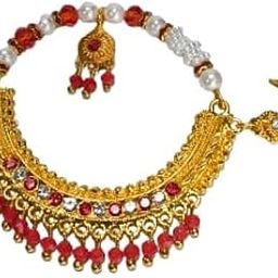 Traditional Indian Bridal Nath Nose Ring, Gold-Toned with Red Beads, Pearl Accents-image-2