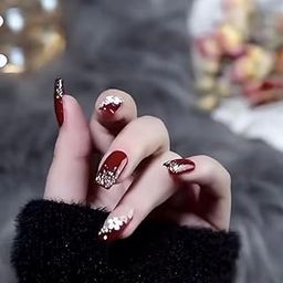Set of 24 Artificial Reusable Nails in Maroon with glitter and flowers design with glue-picture-10