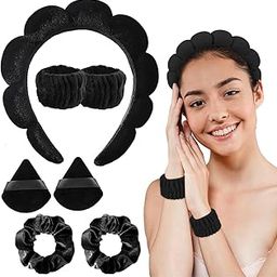 Facial Headband for Women Skincare Headband and Wrist Band 7Pcs Set for Face Wash, Puffy Spa Headband Hair Band for Makeup with Scrunchies & Powder Puffs - Black-7