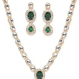 Gold Tone Kundan & Green Stones Wedding Collection Necklace & Earring Set For Women-ZPFK9597-9