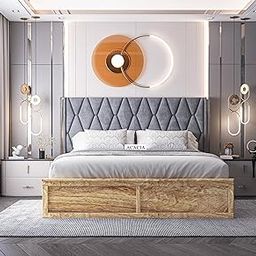 Acacia Modern Sheesham Wood King Size Bed with Box Storage for Bedroom | Wooden Double Bed with Storage | Cot Bed with Full Upholstered Cushion Headboard | 6.5 X 6 Ft | Pine Finish & Grey-image-57