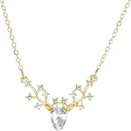 salve Deer Reindeer Antler Gold Pendant Necklace for Women Stylish Neck Chain for Girls | Minimal Jewellery for Women Silver-Toned Locket Aesthetic Necklace for Girls | Birthday Gifts for Girlfriend-picture-3